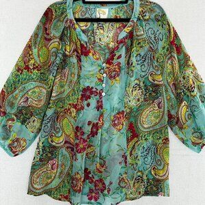 Fig and Flower puff sleeve 70s Paisley‎ peasant boho top MEDIUM